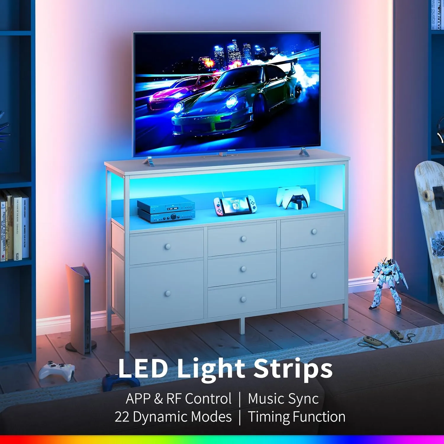 Yoobure LED TV Stand for Bedroom, 50 Inch Kids Dresser with Power Outlets, 7 Drawers Entertainment Center with Storage Shelf, TV Stands Dresser for Bedroom, Living Room, TV Console Entertainment Stand