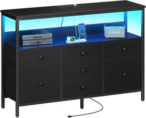 Yoobure LED TV Stand for Bedroom, 50 Inch Kids Dresser with Power Outlets, 7 Drawers Entertainment Center with Storage Shelf, TV Stands Dresser for Bedroom, Living Room, TV Console Entertainment Stand