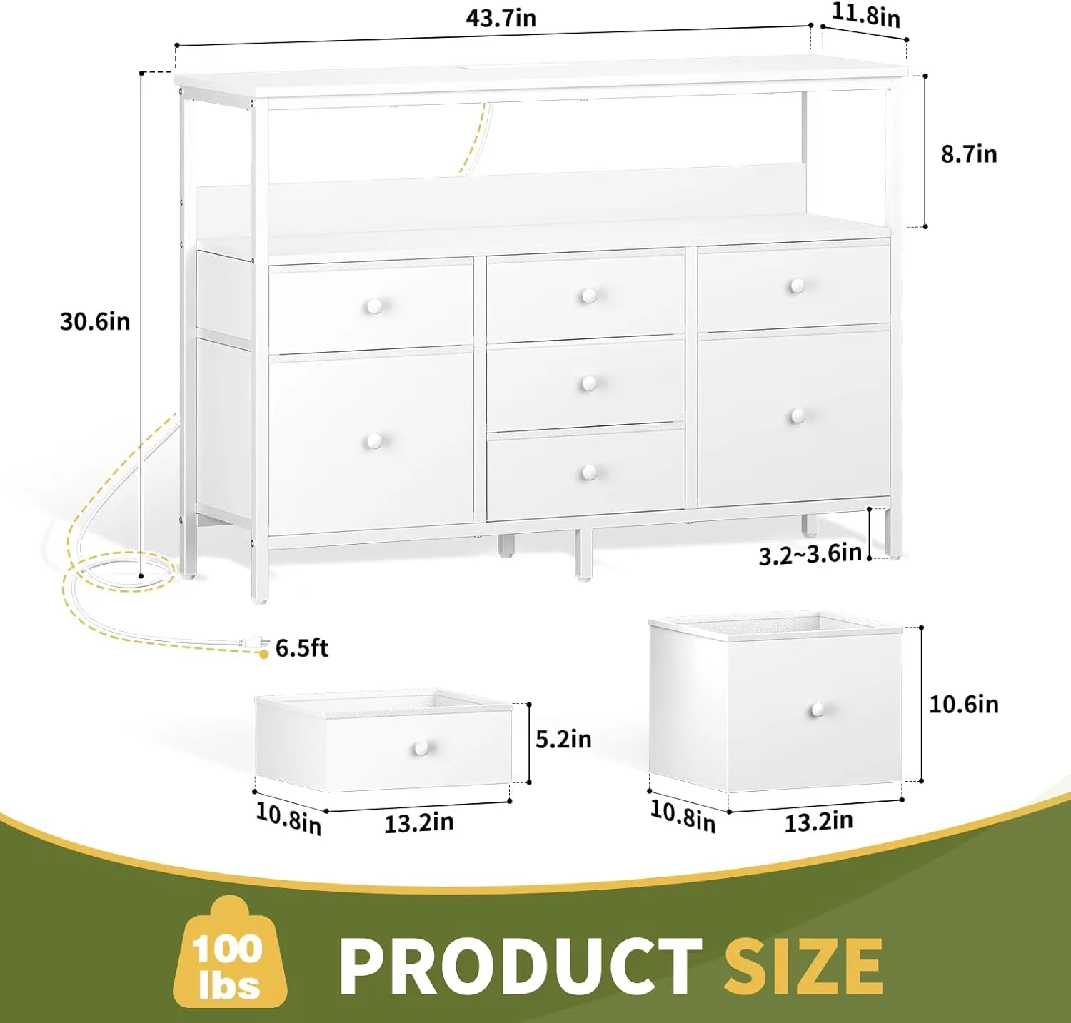 Yoobure LED TV Stand for Bedroom, 50 Inch Kids Dresser with Power Outlets, 7 Drawers Entertainment Center with Storage Shelf, TV Stands Dresser for Bedroom, Living Room, TV Console Entertainment Stand