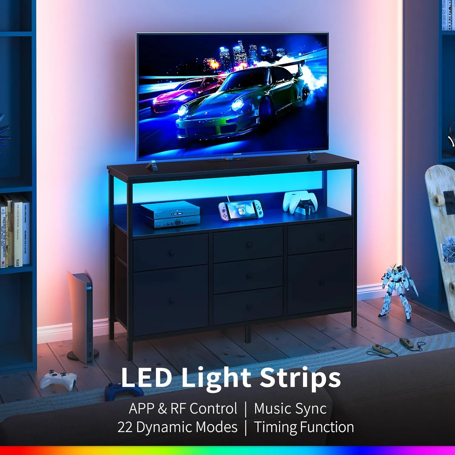 Yoobure LED TV Stand for Bedroom, 50 Inch Kids Dresser with Power Outlets, 7 Drawers Entertainment Center with Storage Shelf, TV Stands Dresser for Bedroom, Living Room, TV Console Entertainment Stand