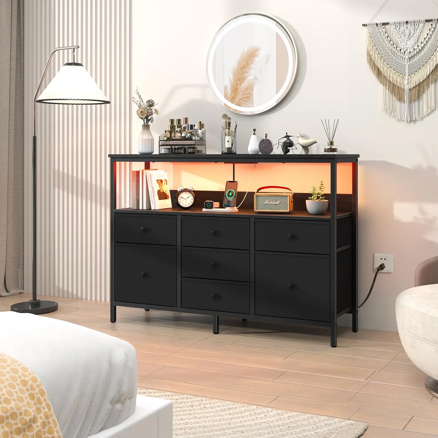 Yoobure LED TV Stand for Bedroom, 50 Inch Kids Dresser with Power Outlets, 7 Drawers Entertainment Center with Storage Shelf, TV Stands Dresser for Bedroom, Living Room, TV Console Entertainment Stand