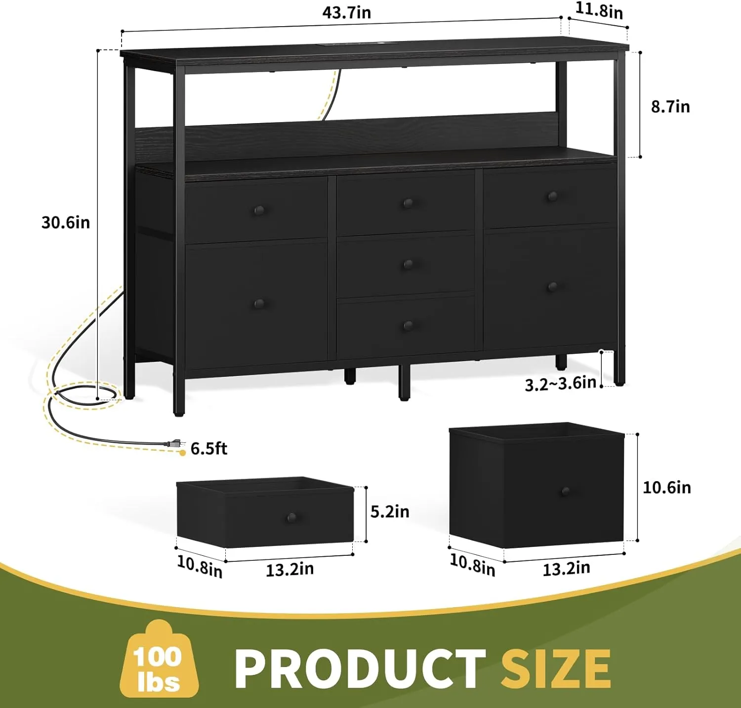 Yoobure LED TV Stand for Bedroom, 50 Inch Kids Dresser with Power Outlets, 7 Drawers Entertainment Center with Storage Shelf, TV Stands Dresser for Bedroom, Living Room, TV Console Entertainment Stand