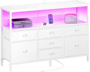 Yoobure LED TV Stand for Bedroom, 50 Inch Kids Dresser with Power Outlets, 7 Drawers Entertainment Center with Storage Shelf, TV Stands Dresser for Bedroom, Living Room, TV Console Entertainment Stand