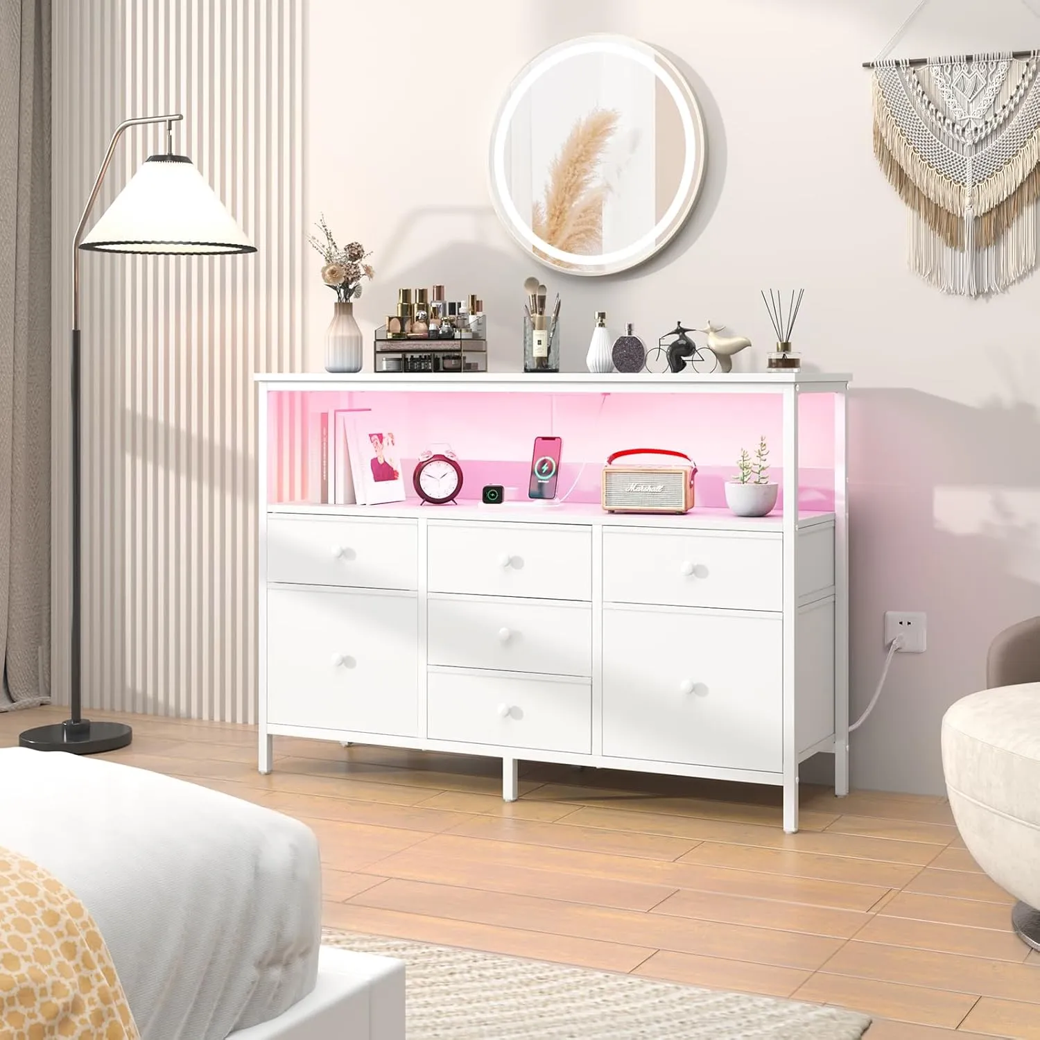 Yoobure LED TV Stand for Bedroom, 50 Inch Kids Dresser with Power Outlets, 7 Drawers Entertainment Center with Storage Shelf, TV Stands Dresser for Bedroom, Living Room, TV Console Entertainment Stand