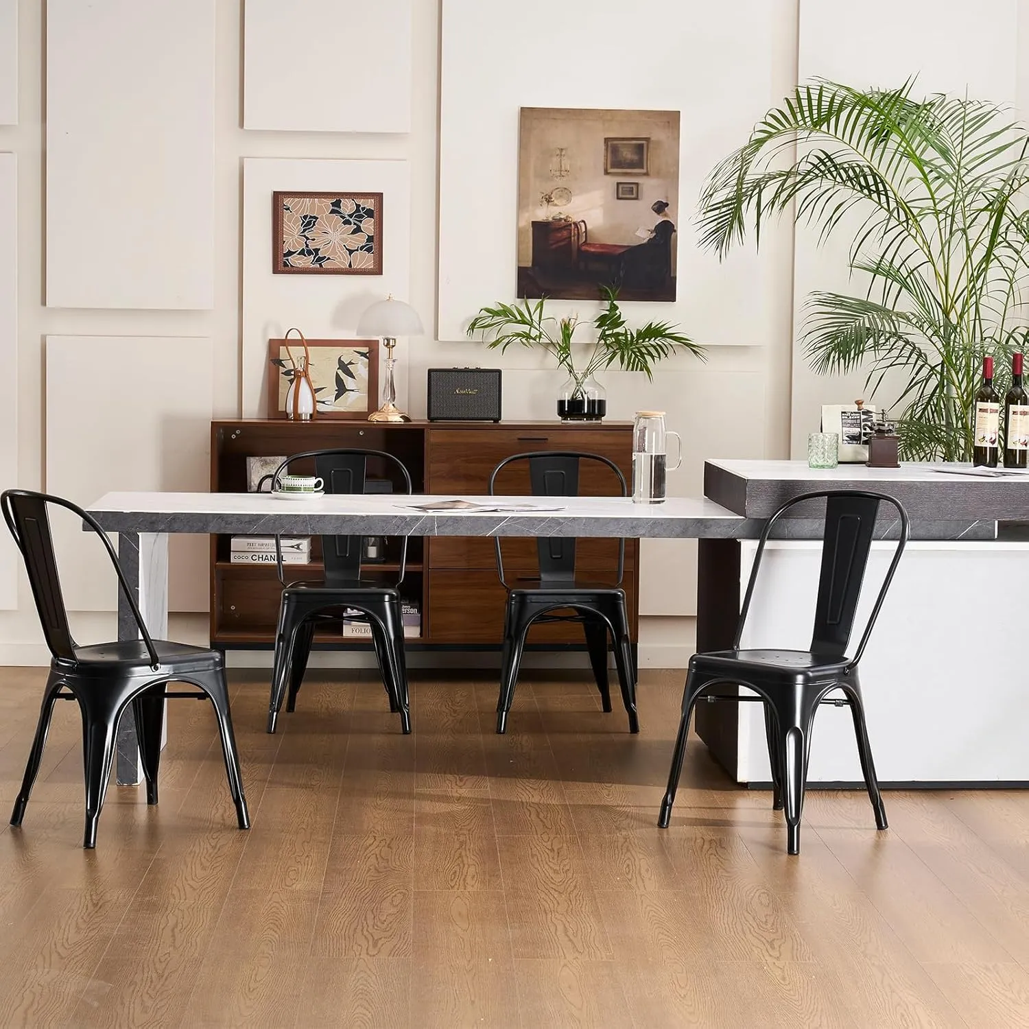 YOUNIKE Metal Dining Chairs Set of 4 with Removable Back Cafe Side Chairs with Rubber Feet Stylish and Modern Chairs for Kitchen Dining Rooms and Side Bar, Midnight Black