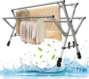 YSUEFIJO Clothes Drying Rack Folding Indoor, Collapsible Laundry Rack for Drying Clothes, Clothes Rack Heavy Duty, Space-Saving Laundry Rack, Length Adjustable Garment Rack (240cm)