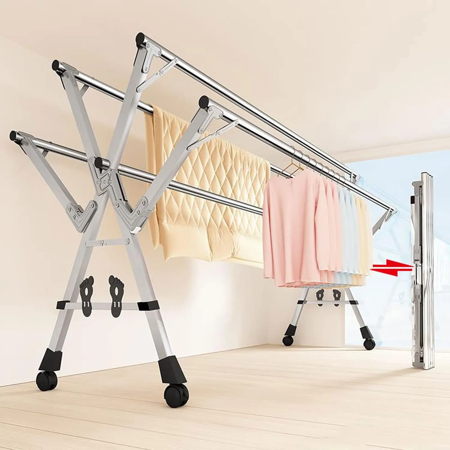 YSUEFIJO Clothes Drying Rack Folding Indoor, Collapsible Laundry Rack for Drying Clothes, Clothes Rack Heavy Duty, Space-Saving Laundry Rack, Length Adjustable Garment Rack (240cm)