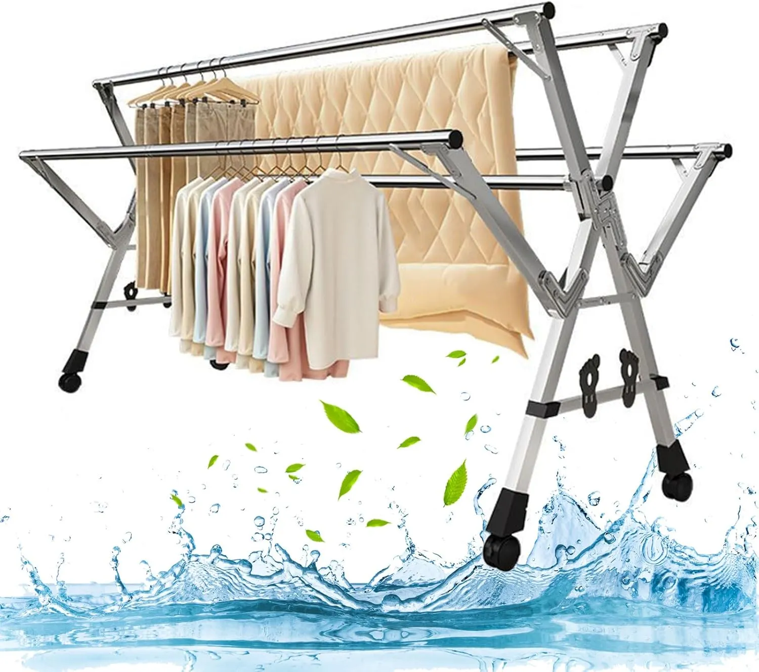 YSUEFIJO Clothes Drying Rack Folding Indoor, Collapsible Laundry Rack for Drying Clothes, Clothes Rack Heavy Duty, Space-Saving Laundry Rack, Length Adjustable Garment Rack (240cm)