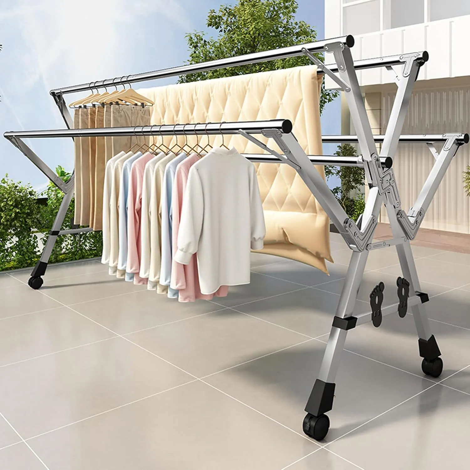 YSUEFIJO Clothes Drying Rack Folding Indoor, Collapsible Laundry Rack for Drying Clothes, Clothes Rack Heavy Duty, Space-Saving Laundry Rack, Length Adjustable Garment Rack (240cm)