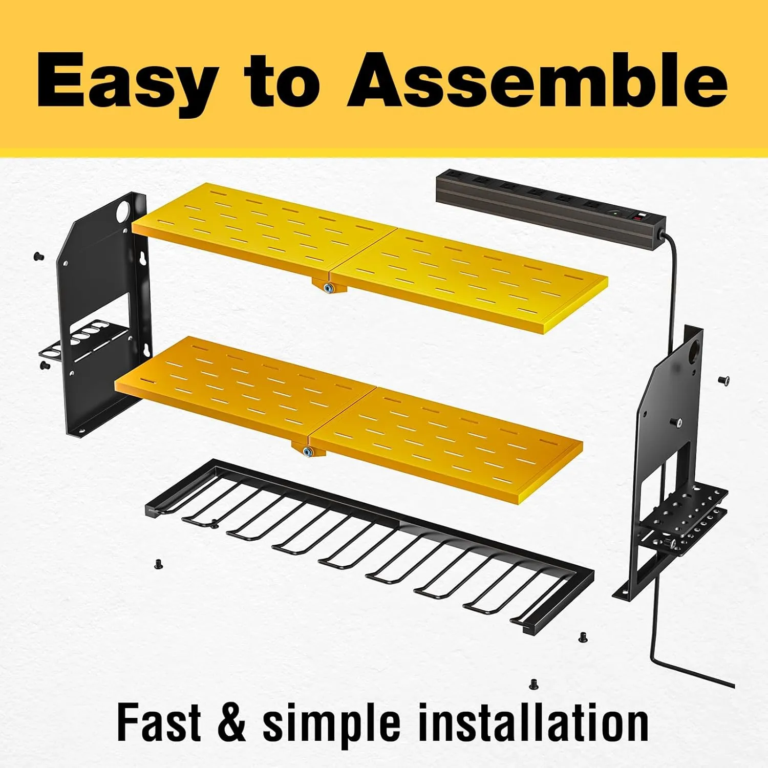 YYR Power Tool Organizer with Charging Station Wall Mount, Cordless Drill and Battery Holder for Garage Organization, Electric Tools Storage Rack Build in Surge Protection Power Strip - Yellow Shelf