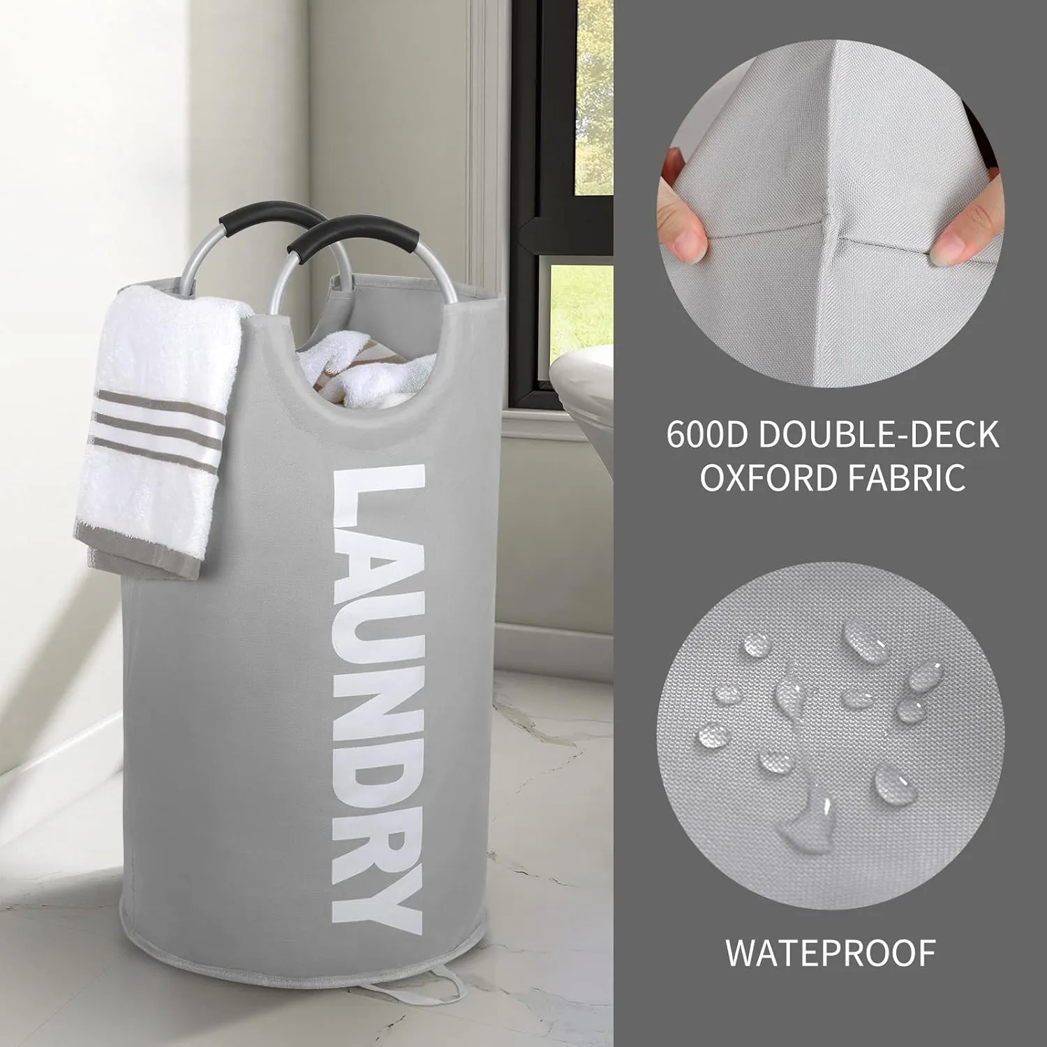 ZERO JET LAG 115L X-Large Laundry Basket with Handle - Tall Collapsible Fabric Hamper - College Dorm Bathroom Essential - Portable Washing Bin - Dirty Clothes Storage - Large Basket Bin (Light Gray)