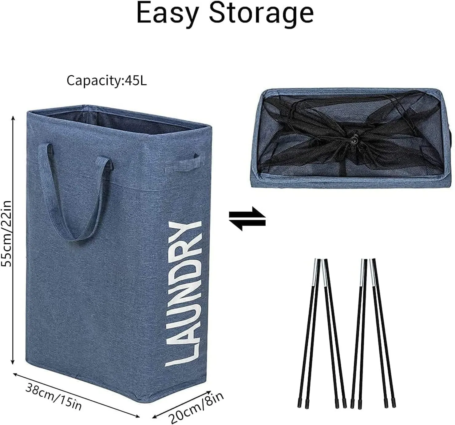 ZERO JET LAG Slim Laundry Hamper Handles Collapsible Laundry Basket Thin Dirty Clothes Basket Narrow Laundry Bag Foldable Dirty Hamper 45L (21inches,Denim Blue)