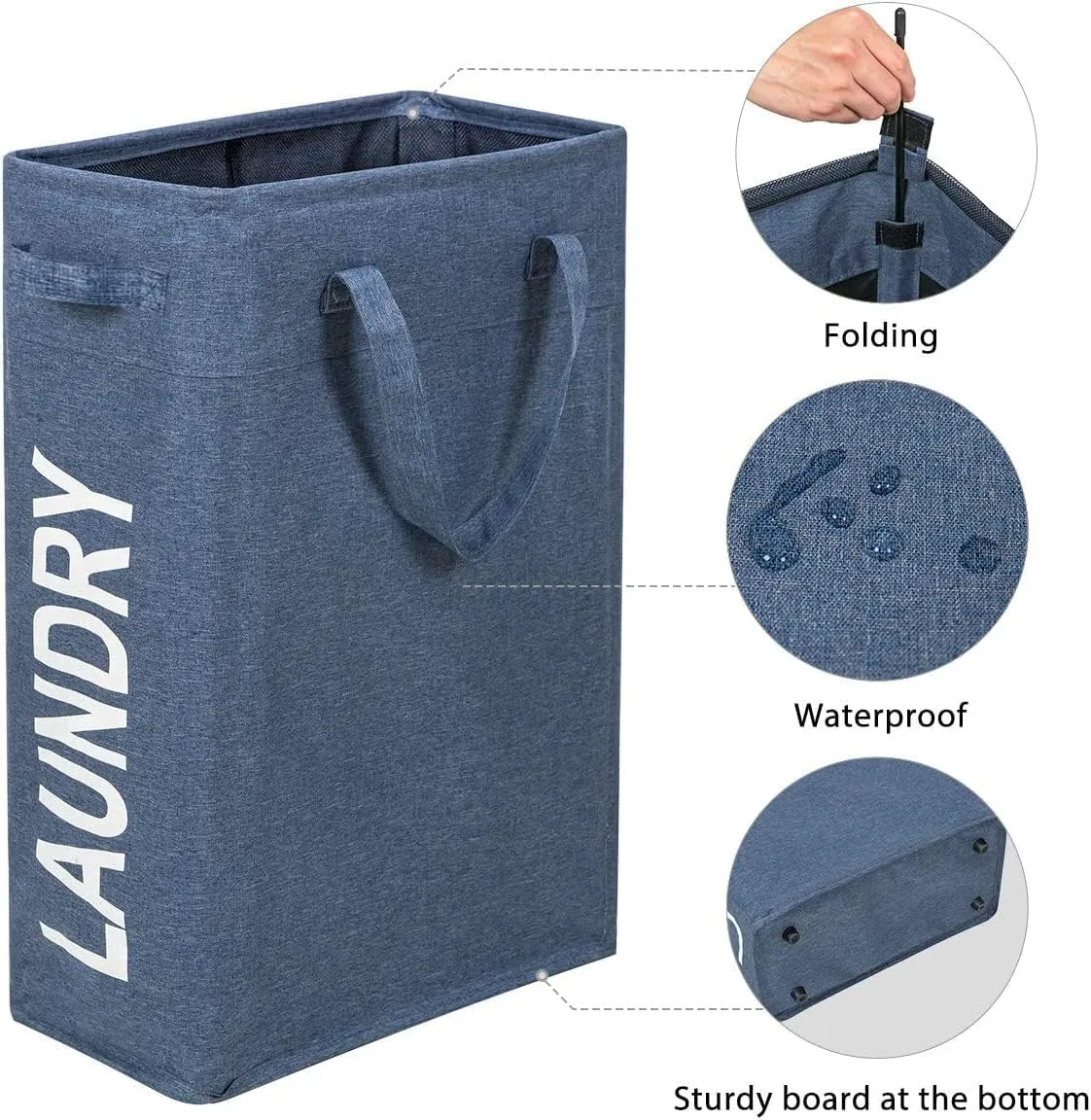 ZERO JET LAG Slim Laundry Hamper Handles Collapsible Laundry Basket Thin Dirty Clothes Basket Narrow Laundry Bag Foldable Dirty Hamper 45L (21inches,Denim Blue)