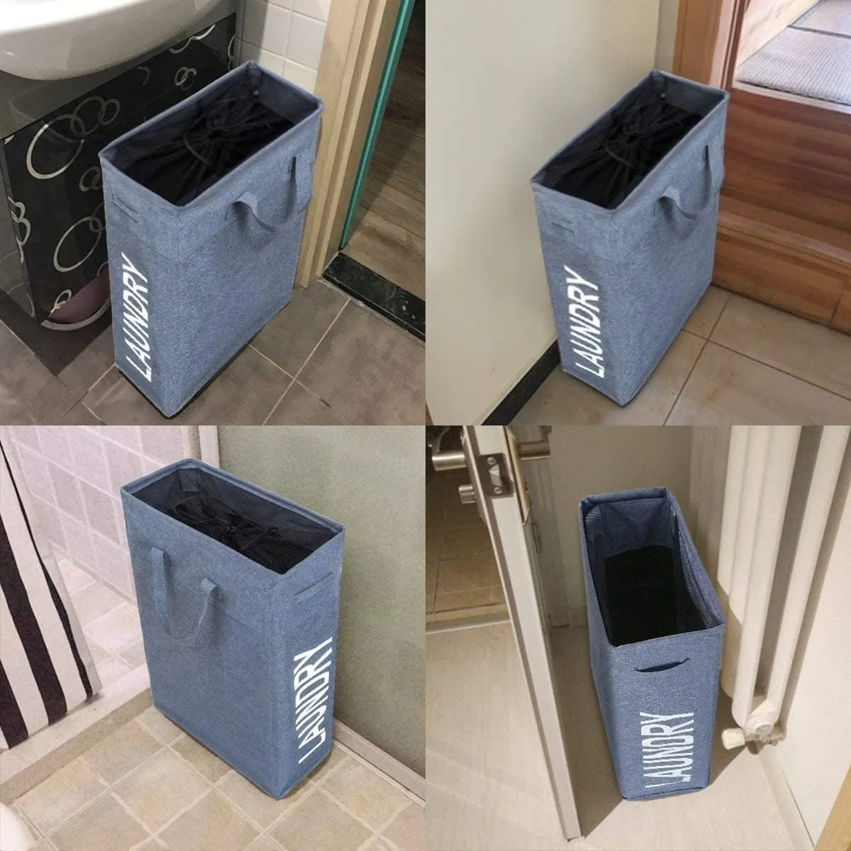 ZERO JET LAG Slim Laundry Hamper Handles Collapsible Laundry Basket Thin Dirty Clothes Basket Narrow Laundry Bag Foldable Dirty Hamper 45L (21inches,Denim Blue)