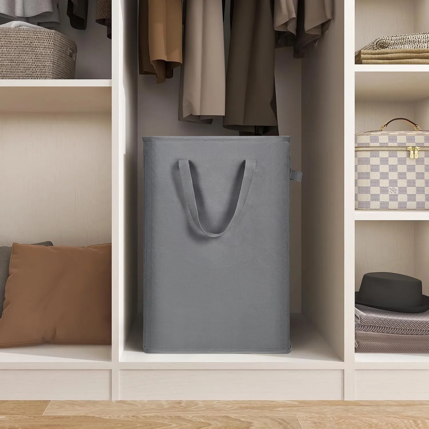 ZERO JET LAG Slim Laundry Hamper With Handles Collapsible Laundry Basket Thin Dirty Clothes Basket Narrow Laundry Bag Foldable Dirty Cloth Hamper 45L (21 inches,Grey)