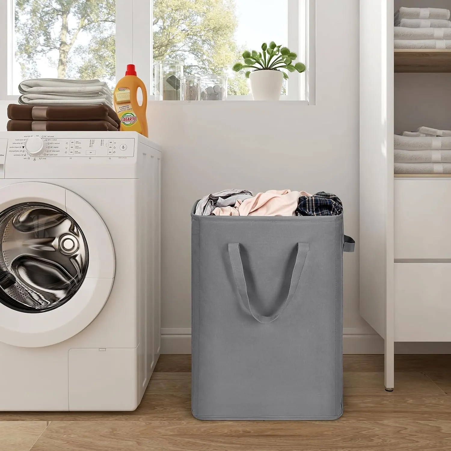ZERO JET LAG Slim Laundry Hamper With Handles Collapsible Laundry Basket Thin Dirty Clothes Basket Narrow Laundry Bag Foldable Dirty Cloth Hamper 45L (21 inches,Grey)