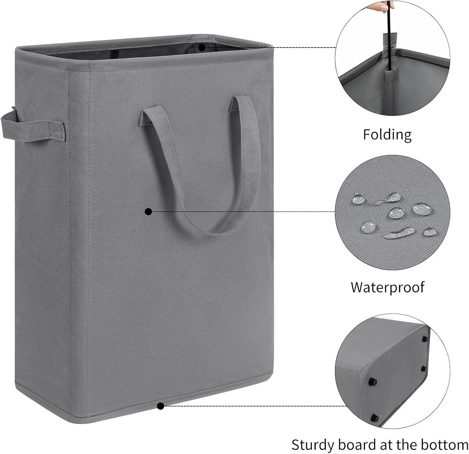 ZERO JET LAG Slim Laundry Hamper With Handles Collapsible Laundry Basket Thin Dirty Clothes Basket Narrow Laundry Bag Foldable Dirty Cloth Hamper 45L (21 inches,Grey)