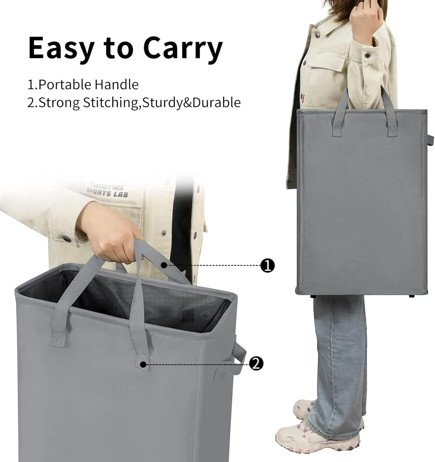 ZERO JET LAG Slim Laundry Hamper With Handles Collapsible Laundry Basket Thin Dirty Clothes Basket Narrow Laundry Bag Foldable Dirty Cloth Hamper 45L (21 inches,Grey)