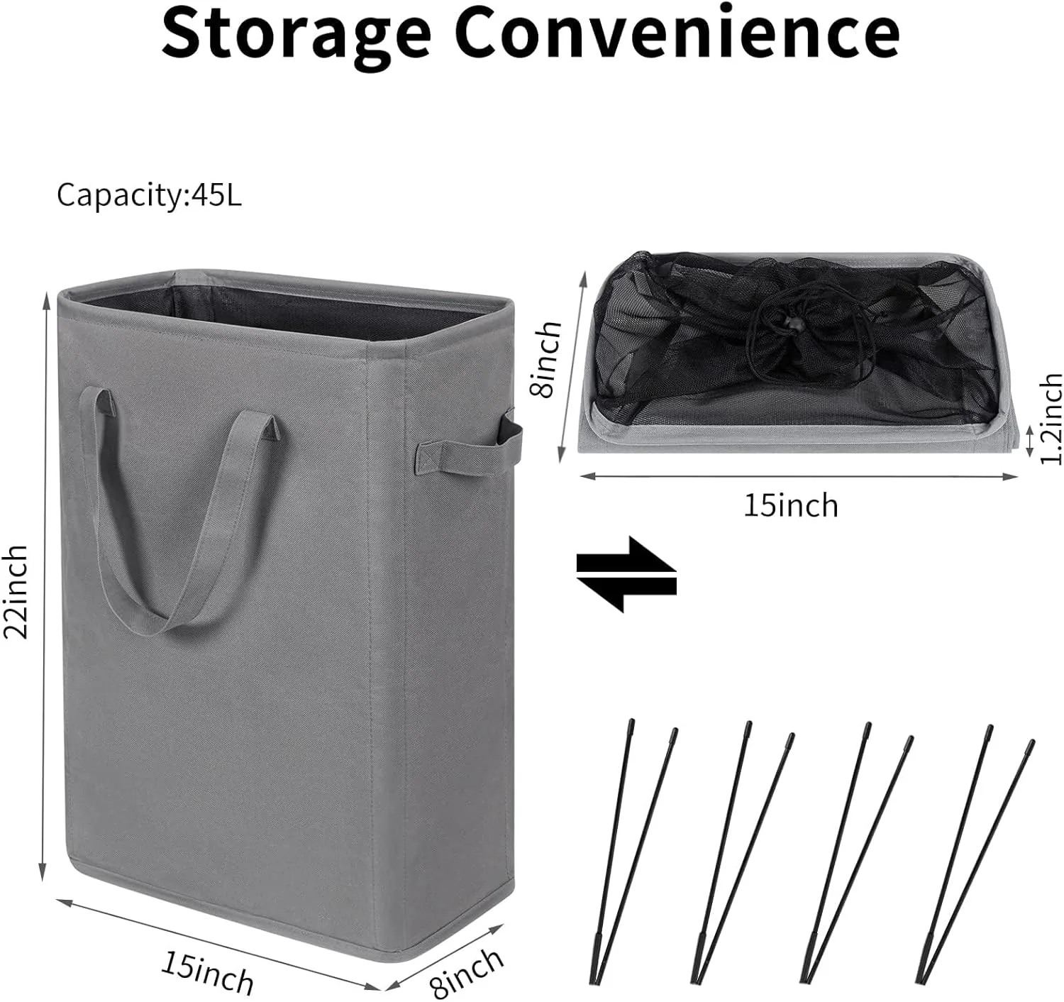 ZERO JET LAG Slim Laundry Hamper With Handles Collapsible Laundry Basket Thin Dirty Clothes Basket Narrow Laundry Bag Foldable Dirty Cloth Hamper 45L (21 inches,Grey)