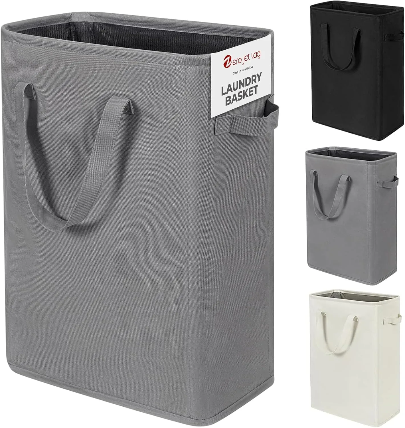 ZERO JET LAG Slim Laundry Hamper With Handles Collapsible Laundry Basket Thin Dirty Clothes Basket Narrow Laundry Bag Foldable Dirty Cloth Hamper 45L (21 inches,Grey)