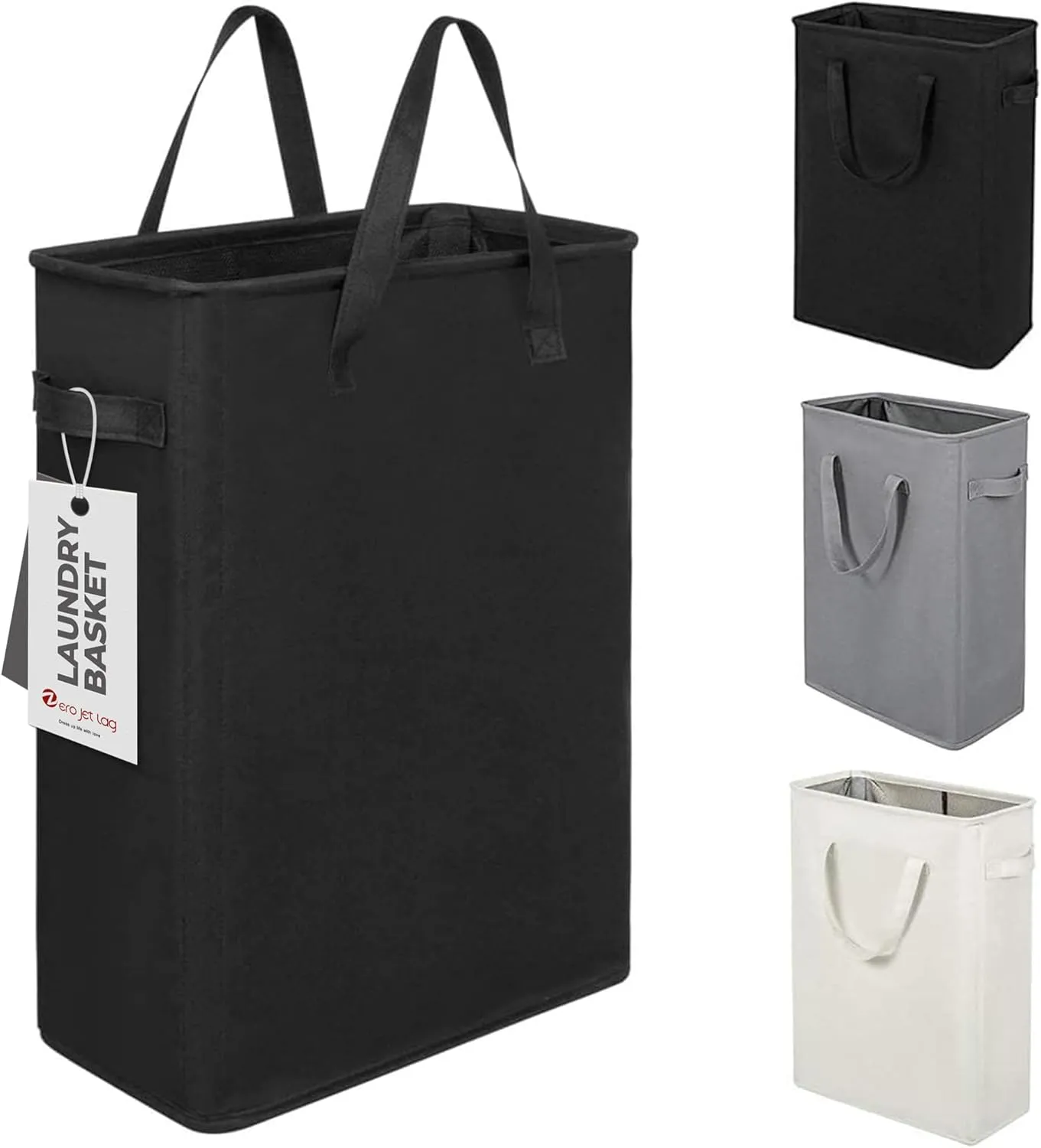 ZERO JET LAG Slim Laundry Hamper With Handles Collapsible Laundry Basket Thin Dirty Clothes Basket Narrow Laundry Bag Foldable Dirty Clothes Hamper 45L (21 inches,Black)