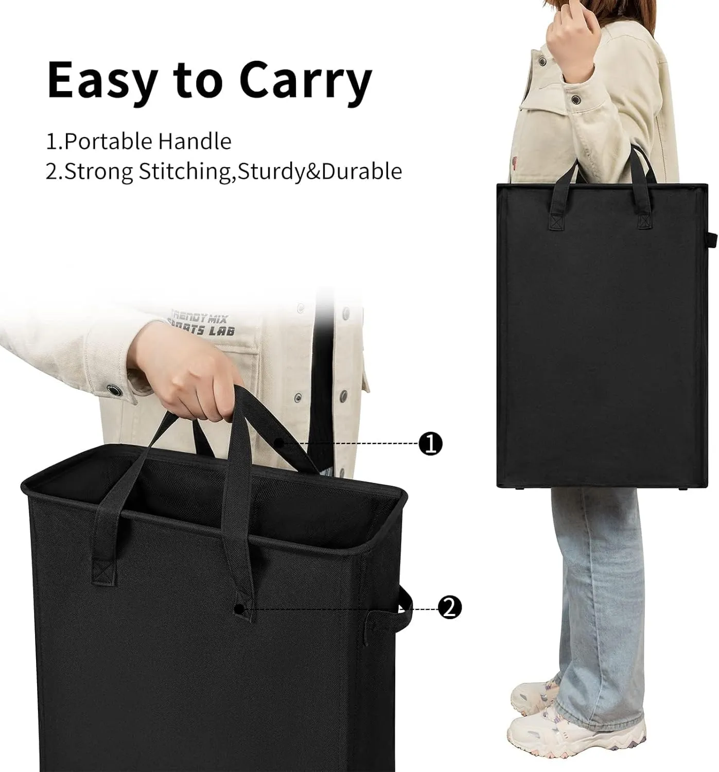ZERO JET LAG Slim Laundry Hamper With Handles Collapsible Laundry Basket Thin Dirty Clothes Basket Narrow Laundry Bag Foldable Dirty Clothes Hamper 45L (21 inches,Black)