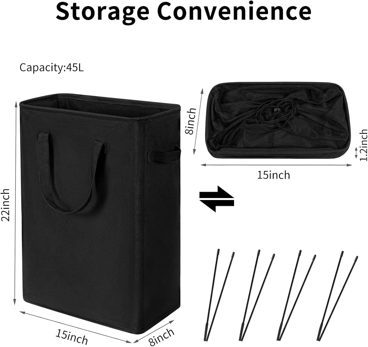ZERO JET LAG Slim Laundry Hamper With Handles Collapsible Laundry Basket Thin Dirty Clothes Basket Narrow Laundry Bag Foldable Dirty Clothes Hamper 45L (21 inches,Black)