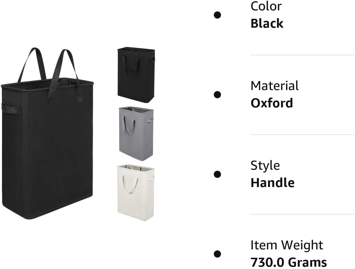 ZERO JET LAG Slim Laundry Hamper With Handles Collapsible Laundry Basket Thin Dirty Clothes Basket Narrow Laundry Bag Foldable Dirty Clothes Hamper 45L (21 inches,Black)