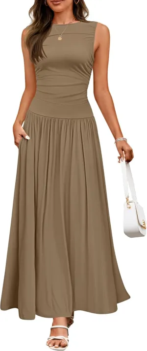 ZESICA Women's Summer Sleeveless Maxi Dress 2025 Casual Crewneck Pleated Flowy Long Dress with Pockets